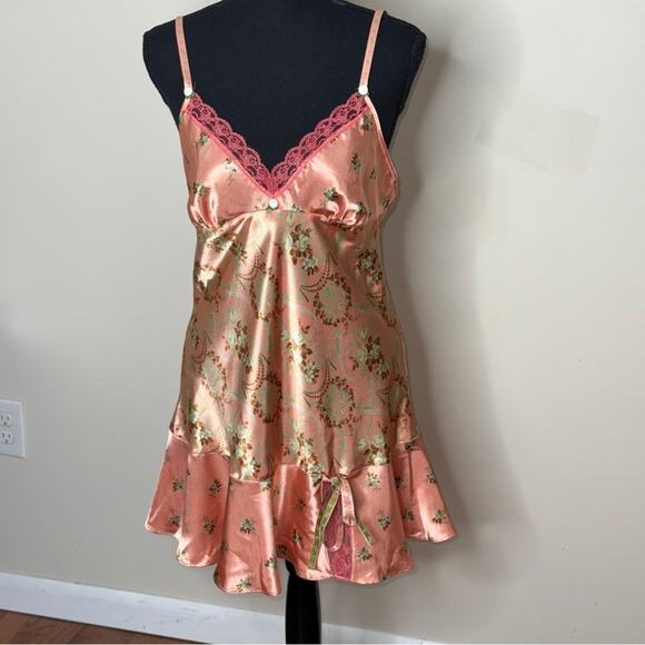 Victoria's Secret Angels Y2K Floral Satin Lace Slip Dress Pink Peach Size L Rare - Picture 1 of 5